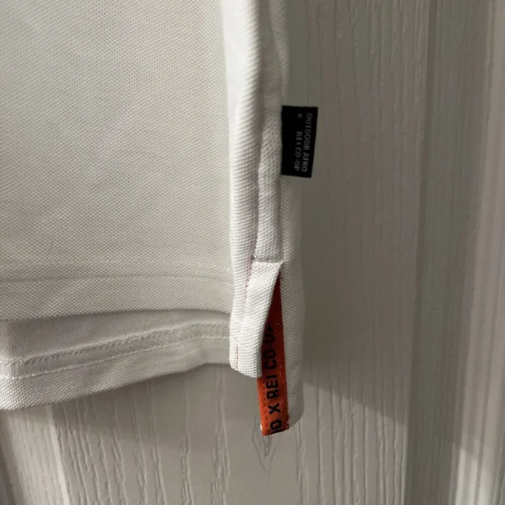 Outdoor Afro + REI Co Op Women's Large Polo Shirt‎ White Black Ring Band Sleeve